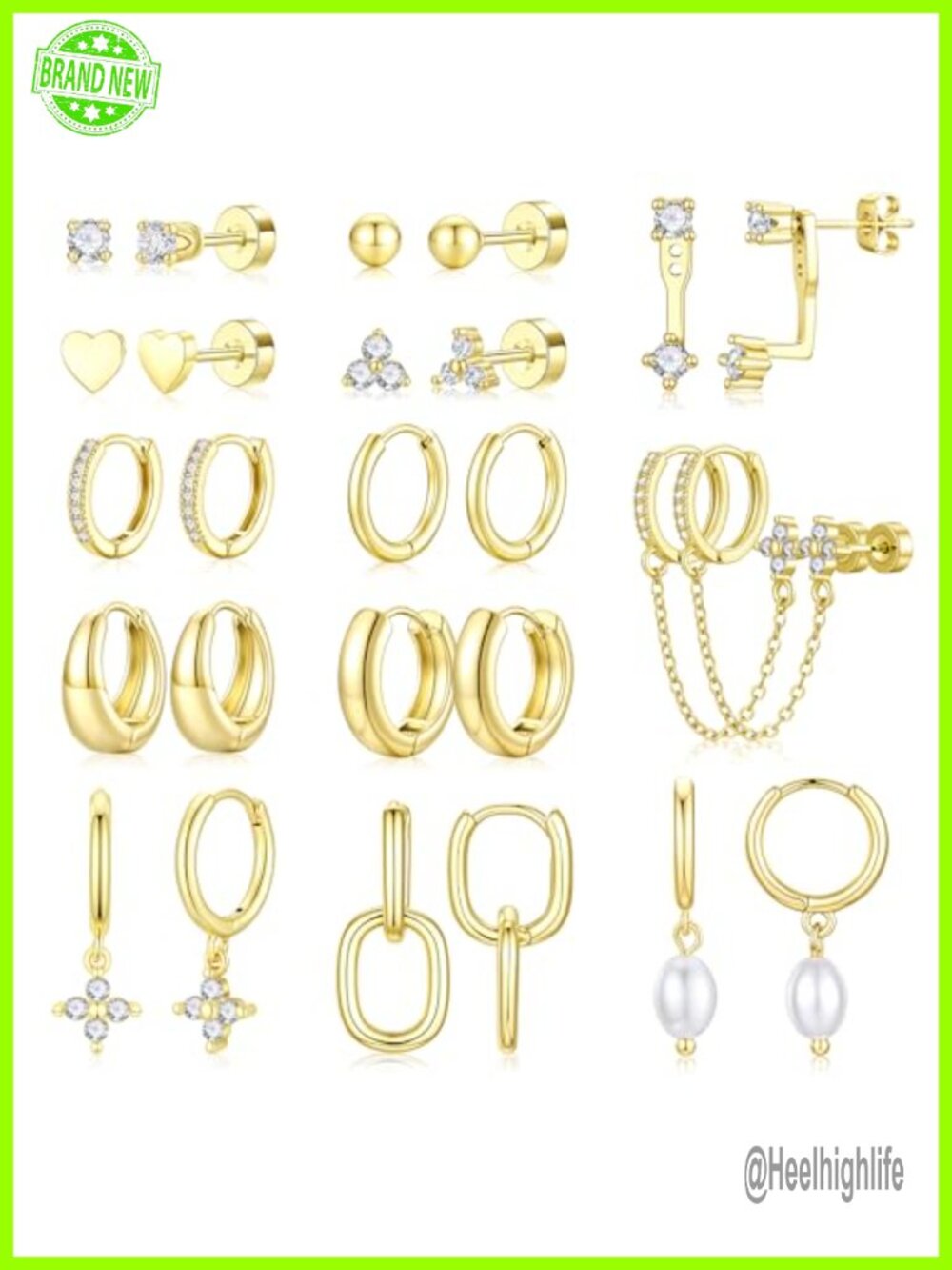 14K Gold Plated Hoop Stud Earrings Set Cubic Zirconia Huggie 13 Pairs